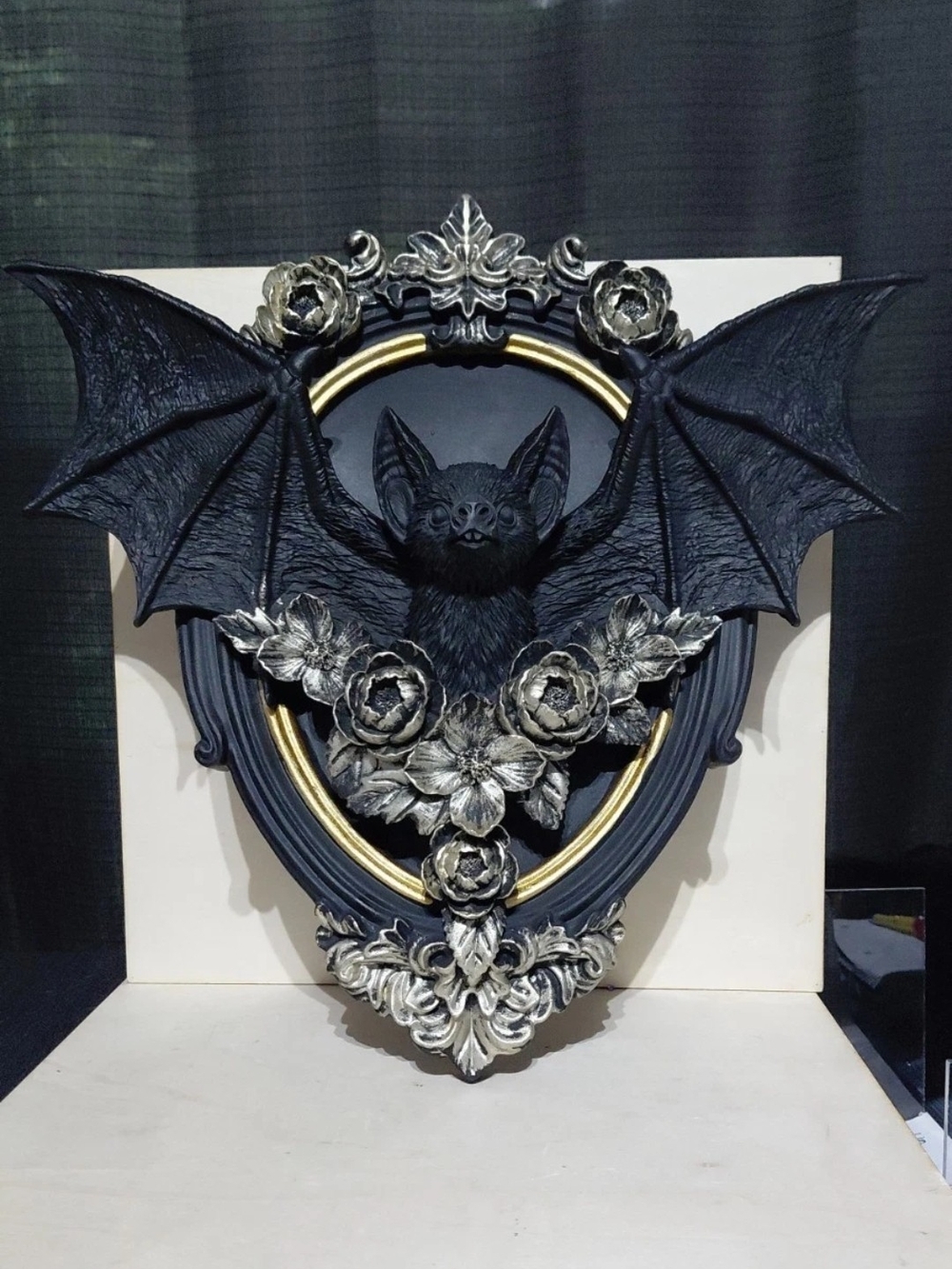 Viral Black Bat Wall Plaque with Gold Accent - Decorative Gothic Home Wall Decor